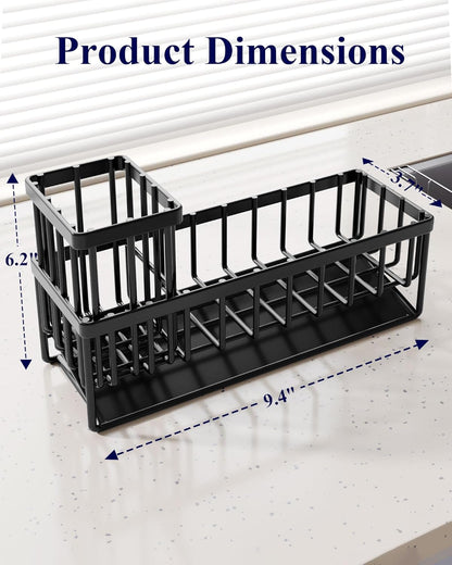 Kitsure Sponge Holder for Kitchen Sink - Rustproof Stainless Steel Sink Caddy Organization and Storage Essentials with High Brush Holder, Home Decor Accessories, 7.9" x 3.7" x 6.2", Black