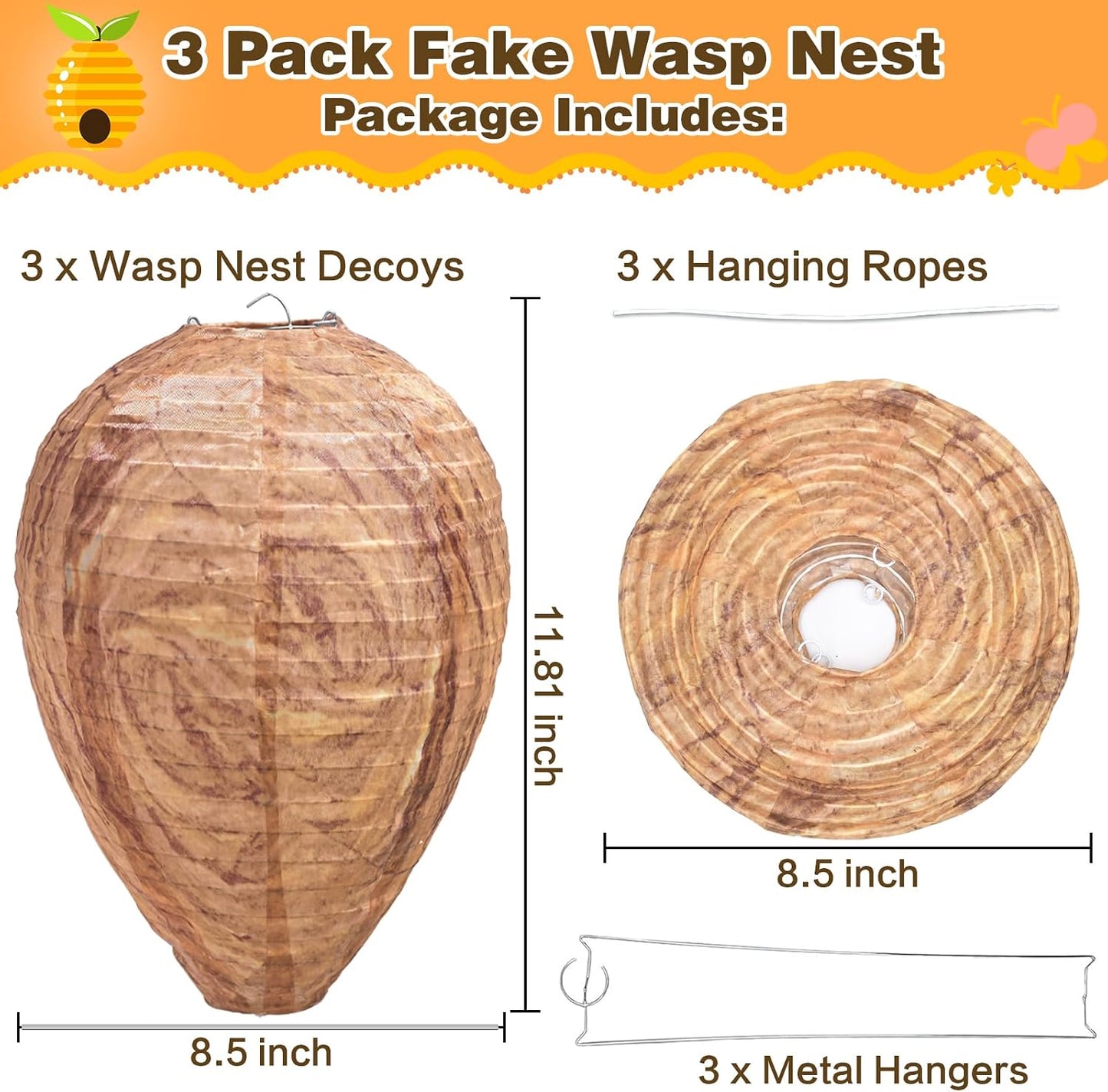 Fake Wasp Nest 4 Pack, Upgraded Waterproof Wasp Nest Decoy for Outdoor Hanging with Stainless Steel Frame, Realistic Artificial Hornet Nests for Patio, Porch, Eaves, Garden, House, Yellow