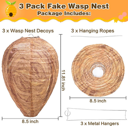 Fake Wasp Nest 4 Pack, Upgraded Waterproof Wasp Nest Decoy for Outdoor Hanging with Stainless Steel Frame, Realistic Artificial Hornet Nests for Patio, Porch, Eaves, Garden, House, Yellow