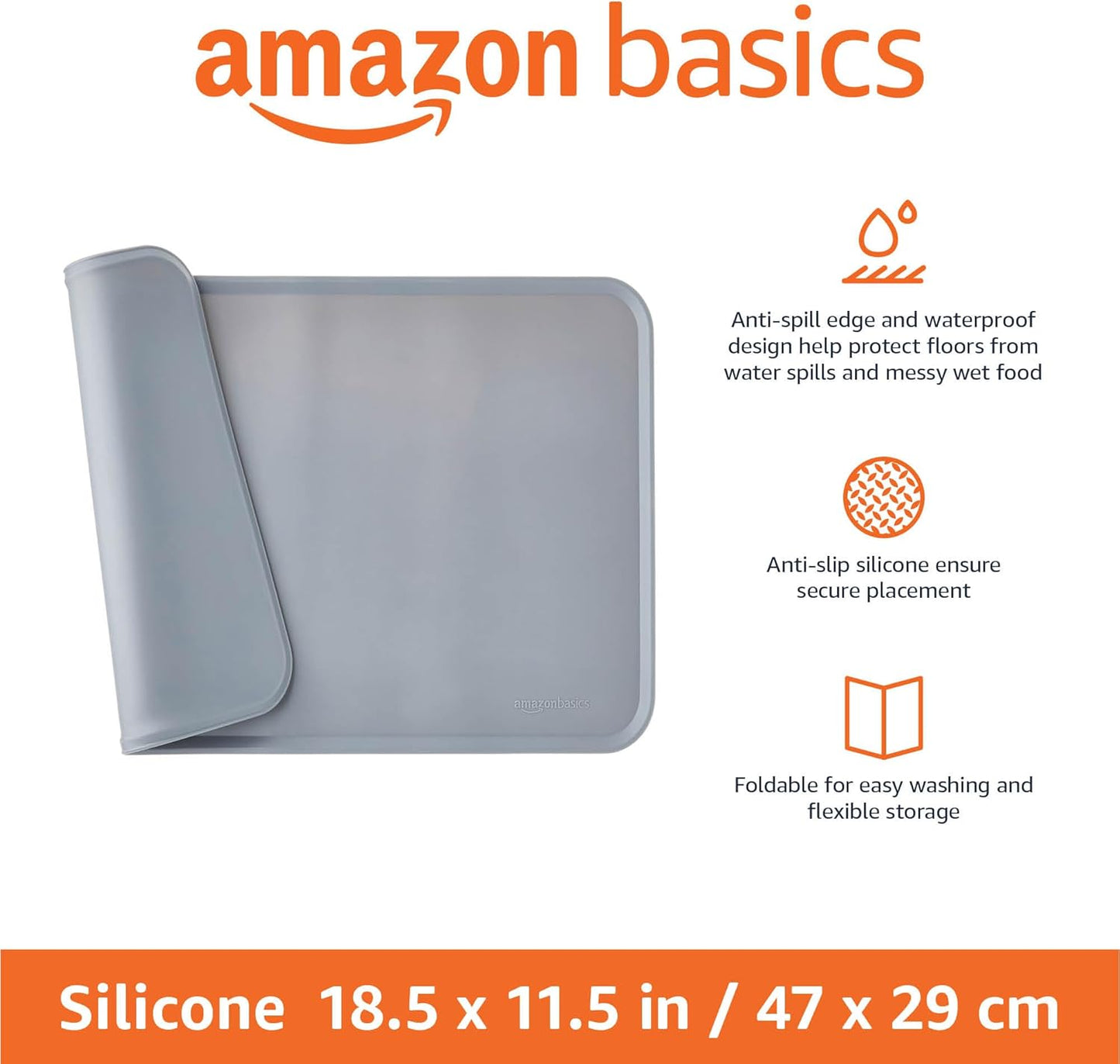 Amazon Basics Waterproof Non-Slip Silicone Pet Feeding Mat with Raised Edges for Food and Water Bowls, Easy to Clean Pet Placemat to Protect Floors, 18.5" x 11.5", Black