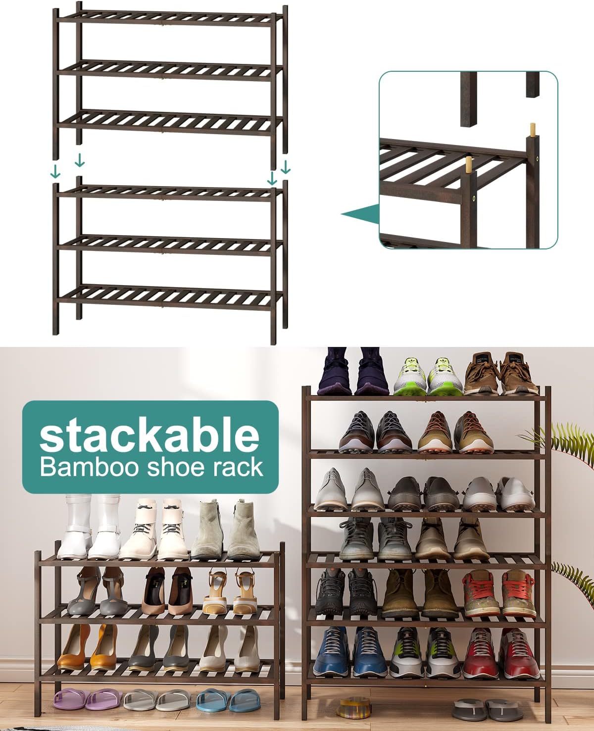 viewcare 3-Tier Black Bamboo Shoe Rack for Entryway, Stackable | Foldable | Natural, Shoe Shelf Storage Organizer for Hallway Closet, Free Standing Shoe Racks for Indoor Outdoor