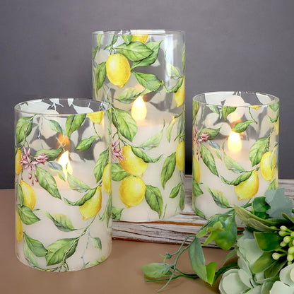 Glass Flameless Candles Flickering Battery Operated LED Pillar Candles Set of 3 with Timer and and 10-Key Remote Green Branch Floral Spring Summer Theme for Wedding Festival Home Decoration