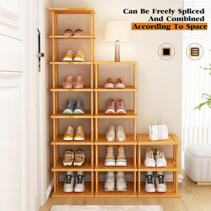 SAN HE 7-Tier Modern Bamboo Shoe Rack - Vertical, Slim, Space-Saving Shoe Organizer for Small Spaces, Closet, Entryway, Corner, Garage, Bedroom