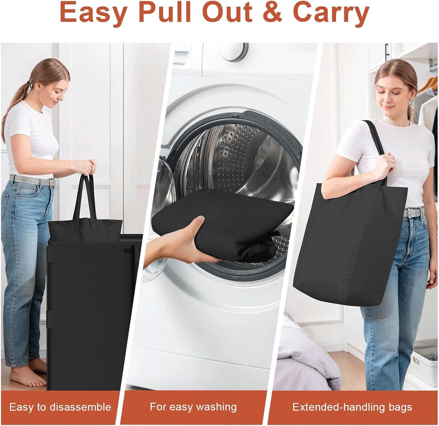 WOWLIVE 180L Laundry Hamper with Lid 3 Section, Large Laundry Basket with Removable Bags, Heavy Duty Metal Frame Dirty Clothes Hampers for Laundry, Laundry Basket Organizer for Laundry Room,Dorm,Black