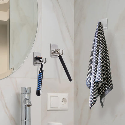 Yikla Adhesive Hooks, Bathroom Wall Towel Hooks, Black Stick Shower Razor Holder, Stainless Steel Door Hangers for Coat Loofah Robes Self Adhesive Organizer for Kitchen