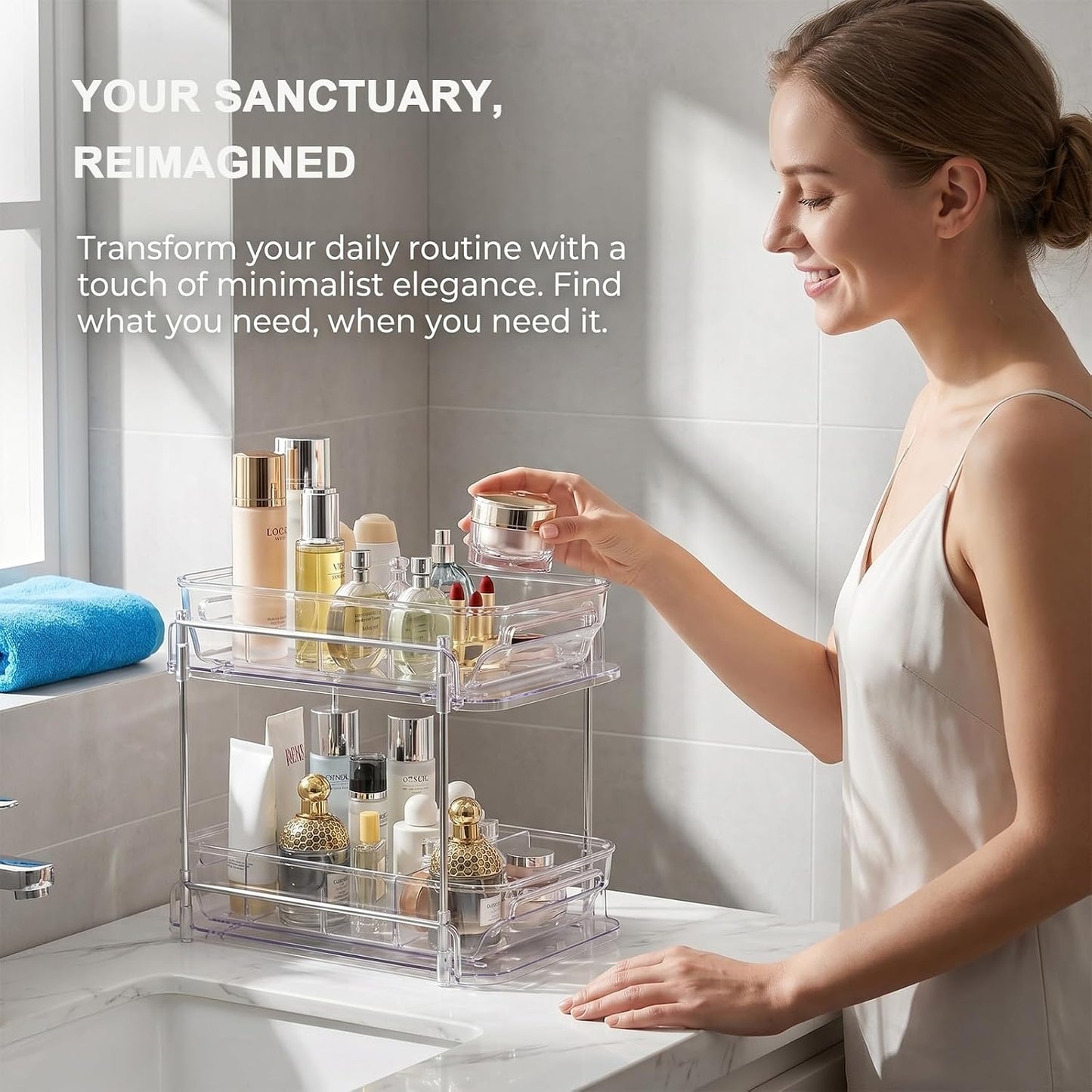 2-Tier bathroom cabinet organizer, bathroom organizers and storage with Adjustable Removable Dividers,Under Sink Organizing,Under Sink and Pull-Out Cabinet Organizer for Kitchen and Pantry Storage