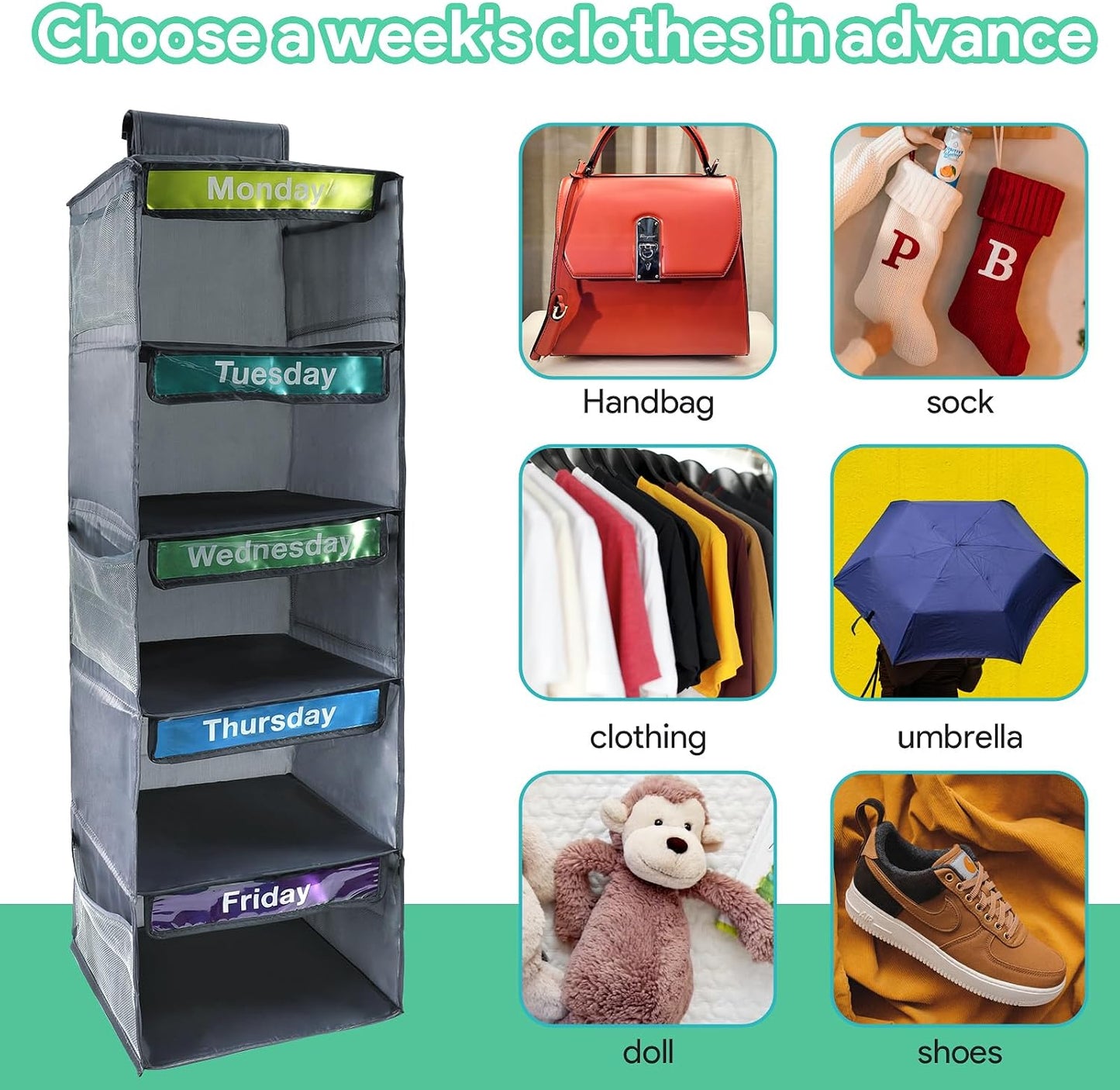 5-Shelf Weekly Clothes Organizer for Kids Days of The Week Hanging Storage Shelves Dorm Room Essential Daily Shelf Hanging Closet Organizer with 6 Side Pockets…