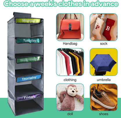 5-Shelf Weekly Clothes Organizer for Kids Days of The Week Hanging Storage Shelves Dorm Room Essential Daily Shelf Hanging Closet Organizer with 6 Side Pockets…
