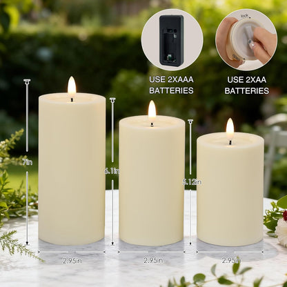 LUSHARBOR Outdoor Flameless Candles, Set of 3 Battery Operated Pillar Candles with Remote & Timer, 3" x4" 5" 6" Waterproof Plastic LED Candles for Patio Porch Garden Yard Candle Lantern Ivory
