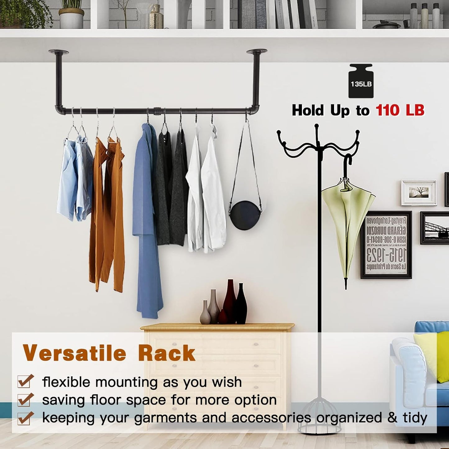 Gold Wall Mount Iaundry Drying Rack - 54" Pipe Garment Rack, Portable Heavy Duty Iron Closet Hanger Rod, Modern Metal Detachable DIY Hanging Bar for Laundry Room and Closet Storage
