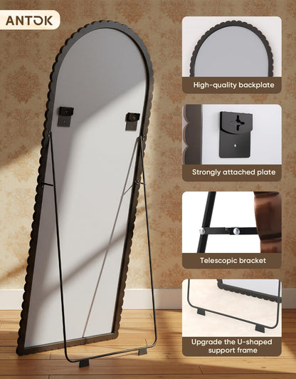 Antok 58" x 21" Arched Full Length Mirror, Antique Beaded Frame Floor Standing or Wall Mounted Mirror with Stand for Bedroom, Entryway, Brown, Luxury Style