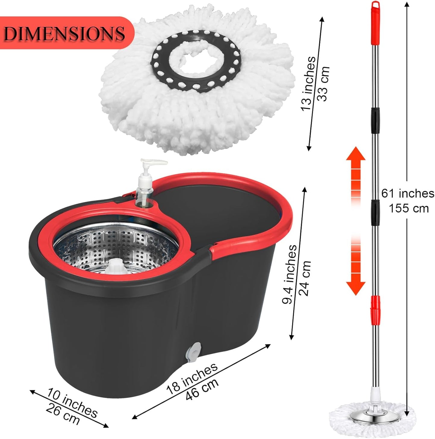 Spin Mop and Bucket with Wringer Set, 360° Spinning Mop Bucket System with 3 Microfiber Mop Replacement Heads and 61" Stainless Steel Adjustable Handle for Floor Cleaning