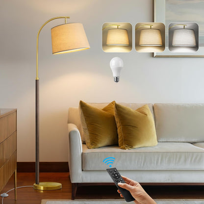 G-SAFAVA Real Wood Floor Lamps for Living Room Bedroom, 62.5" Mid Century Modern Lamp Gold Standing Tall Arc Lamps with Foot Switch, Floor Lamps for Nursery Office Decor Corner Reading Room Light