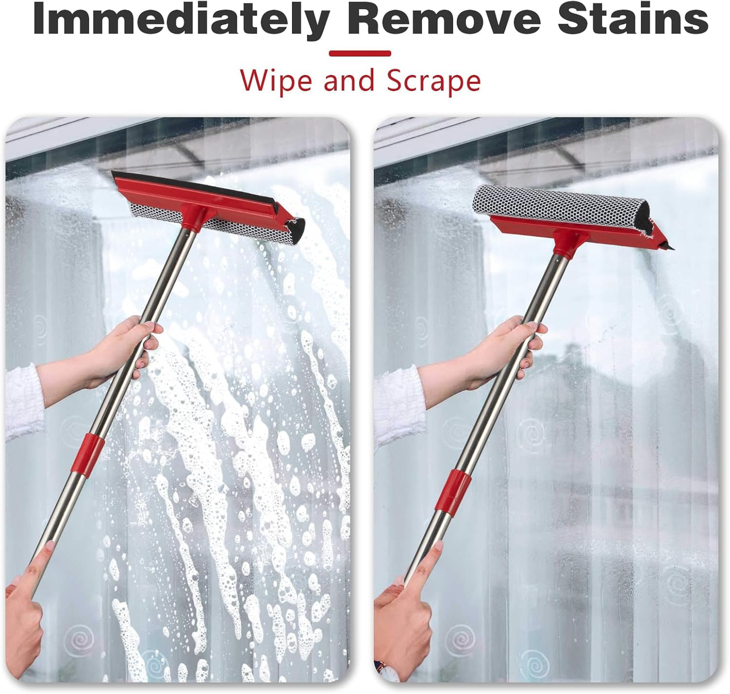15.9" Window Squeegee for Home and Car Cleaning,2 in 1 Window Cleaner with Long Stainless Steel Handle,Sponge Car Squeegee for Gas Station, Glass,Shower,Outdoor High Window Cleaning