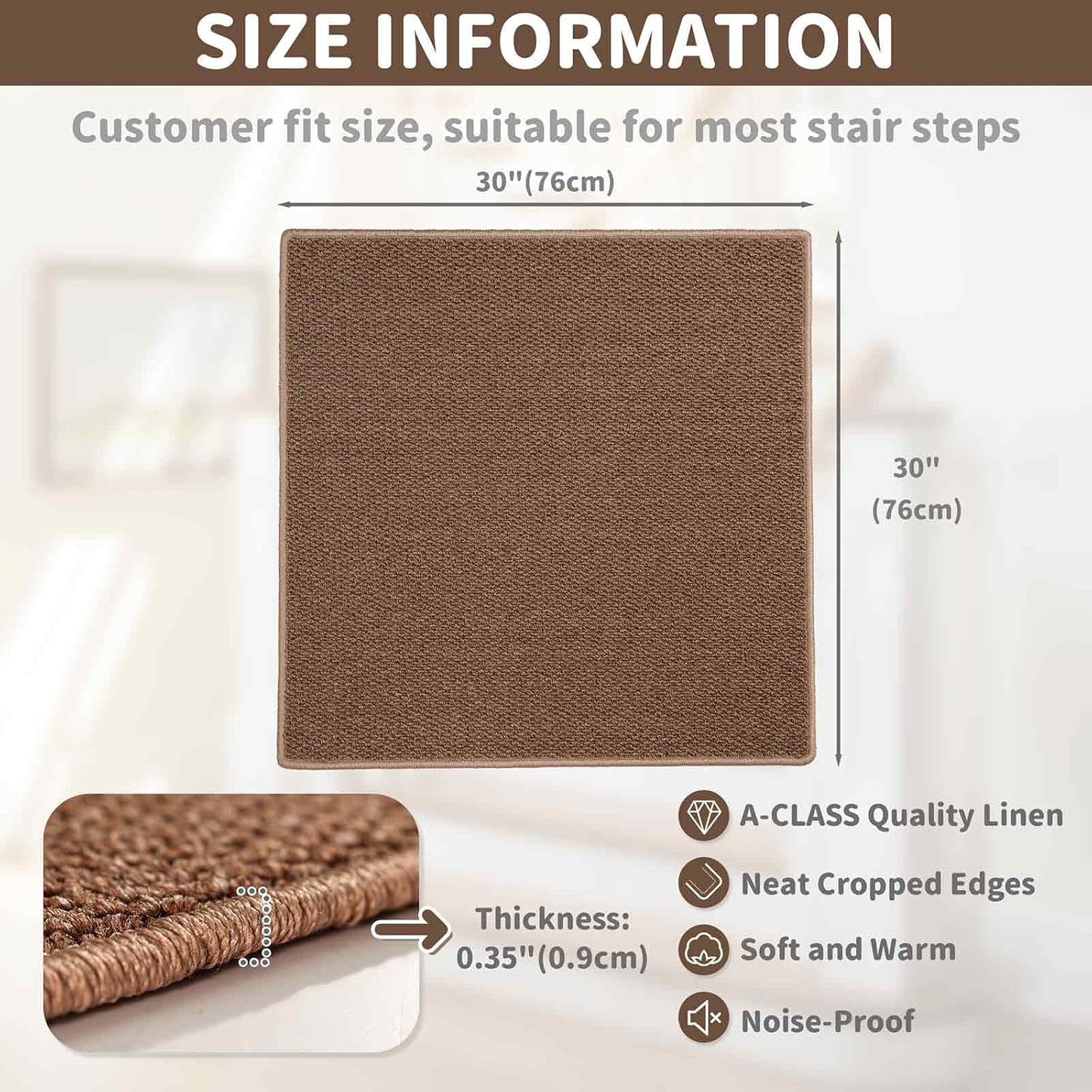 Brakki Bullnose Carpet Stair Treads, Non Slip Stair Treads for Wooden Steps Indoor, Stair Runner, Soft Stair Rugs, Edging Stair Protectors, Washable, 29.5"x9.5"x1.5" 14pcs, Beige