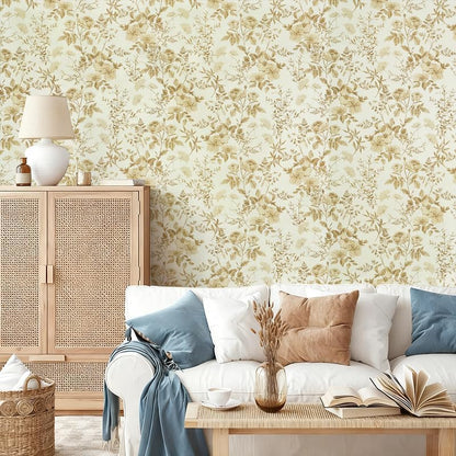 Erfoni 16.9" x118" Boho Floral Peel and Stick Wallpaper Beige Flower and Leaf Contact Paper Self Adhsive Removable Wallpaper Boho Botanical Wall Paper for Bedroom Cabinets Decor Vinyl Roll Waterproof