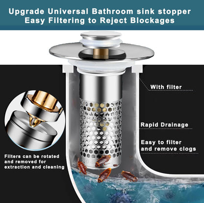 Bathroom Sink Stopper 2Pcs,Sink Drain Strainer,Hair Catcher with Removable Stainless Steel Filter Basket,Universal Sink Plug,Suitable for Most Sinks,Washbasin,Bathtubs