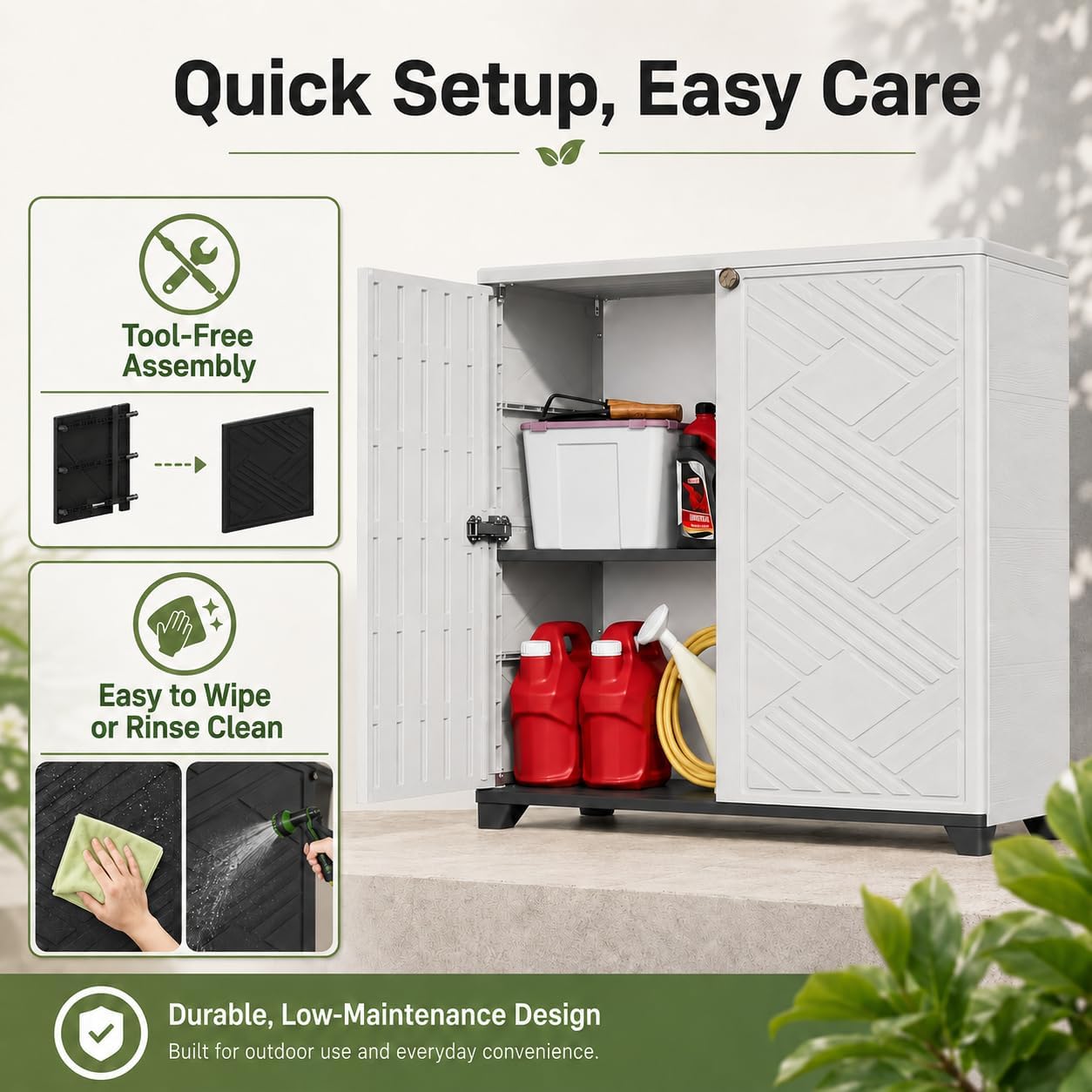 ADDOK Outdoor Storage Cabinet,60 Gallon Waterproof Resin Patio Storage Cabinet with 1 Adjustable Metal Shelf, Upright Outdoor Cabinet for Garden Tools, Pool Supplies, Toys, Porch and Garage