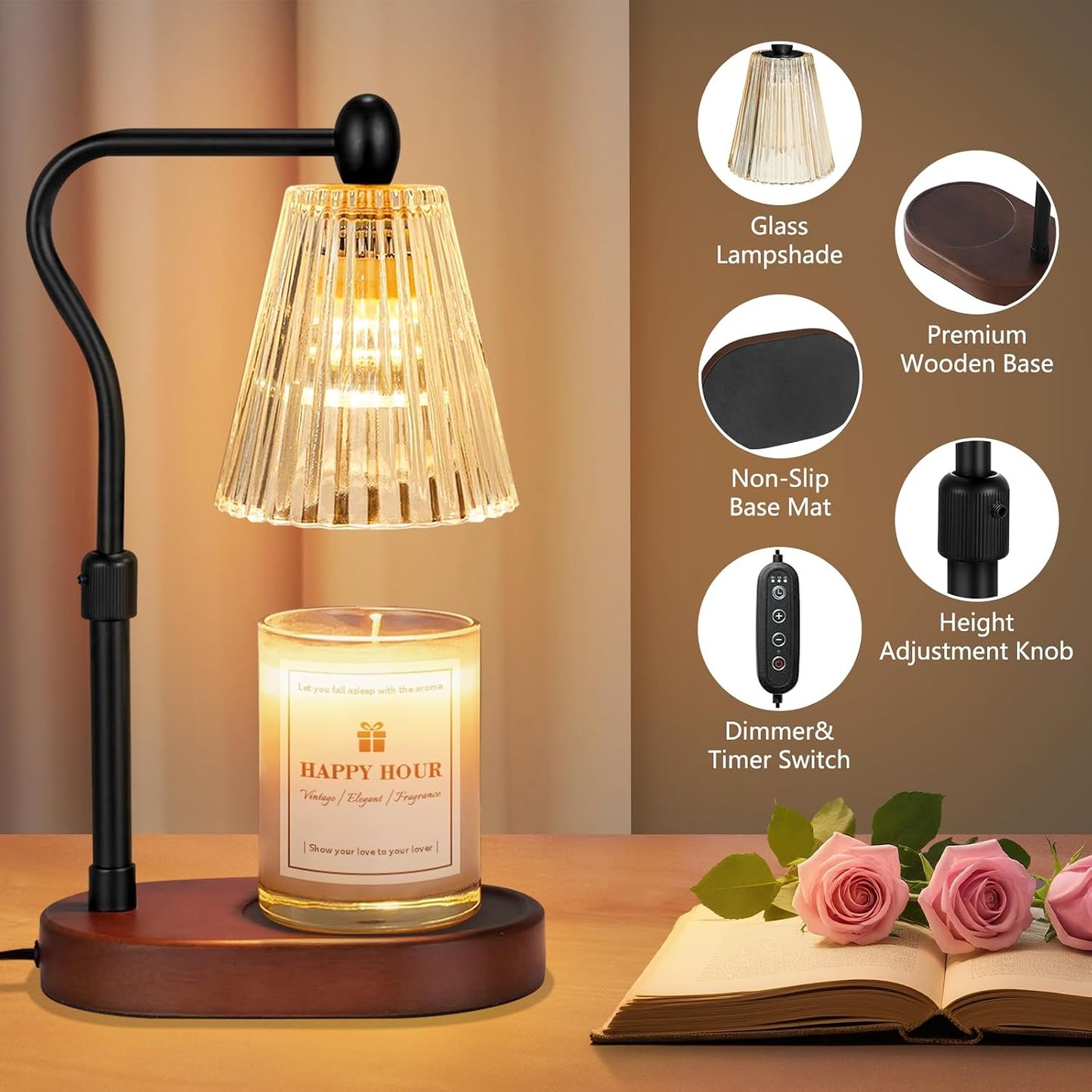 Imenlox Candle Warmer Lamp, with Timer and Dimmer, Adjustable Height, for Mom, Christmas Birthday Gifts for Women, House Warming Gifts Home Decor, Wax Warmer for Jar Candles(Amber)