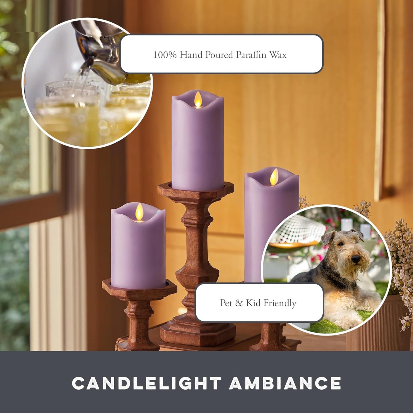 Matchless Candle Co. by Luminara Set of 3 Flameless LED Flickering Moving Flame Pillars (3" x 4.5", 5.5", 6.5"), Melted Unscented Real Wax Edge w/Smooth Finish, AA Battery Operated, Pearl Ivory