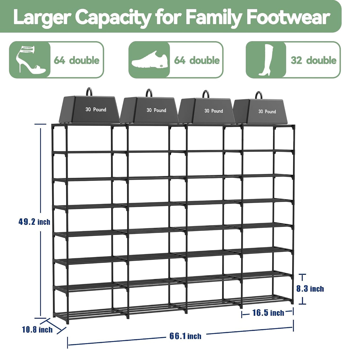 3 Row 4 Tier Long Shoe Rack, Black Metal Stackable Shoe Shelf with Multifunctional Hooks, Shoe Storage Hold 24-30 Pairs, Space Saving Shoe Organizer for Closet,Wide Shoe Rack