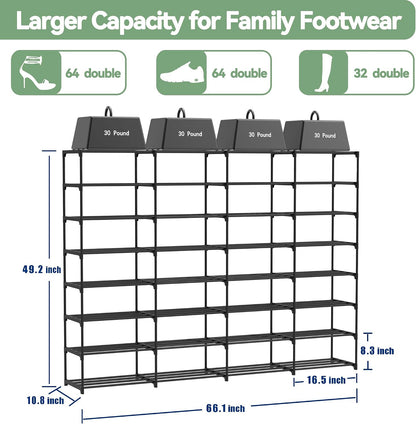 3 Row 4 Tier Long Shoe Rack, Black Metal Stackable Shoe Shelf with Multifunctional Hooks, Shoe Storage Hold 24-30 Pairs, Space Saving Shoe Organizer for Closet,Wide Shoe Rack