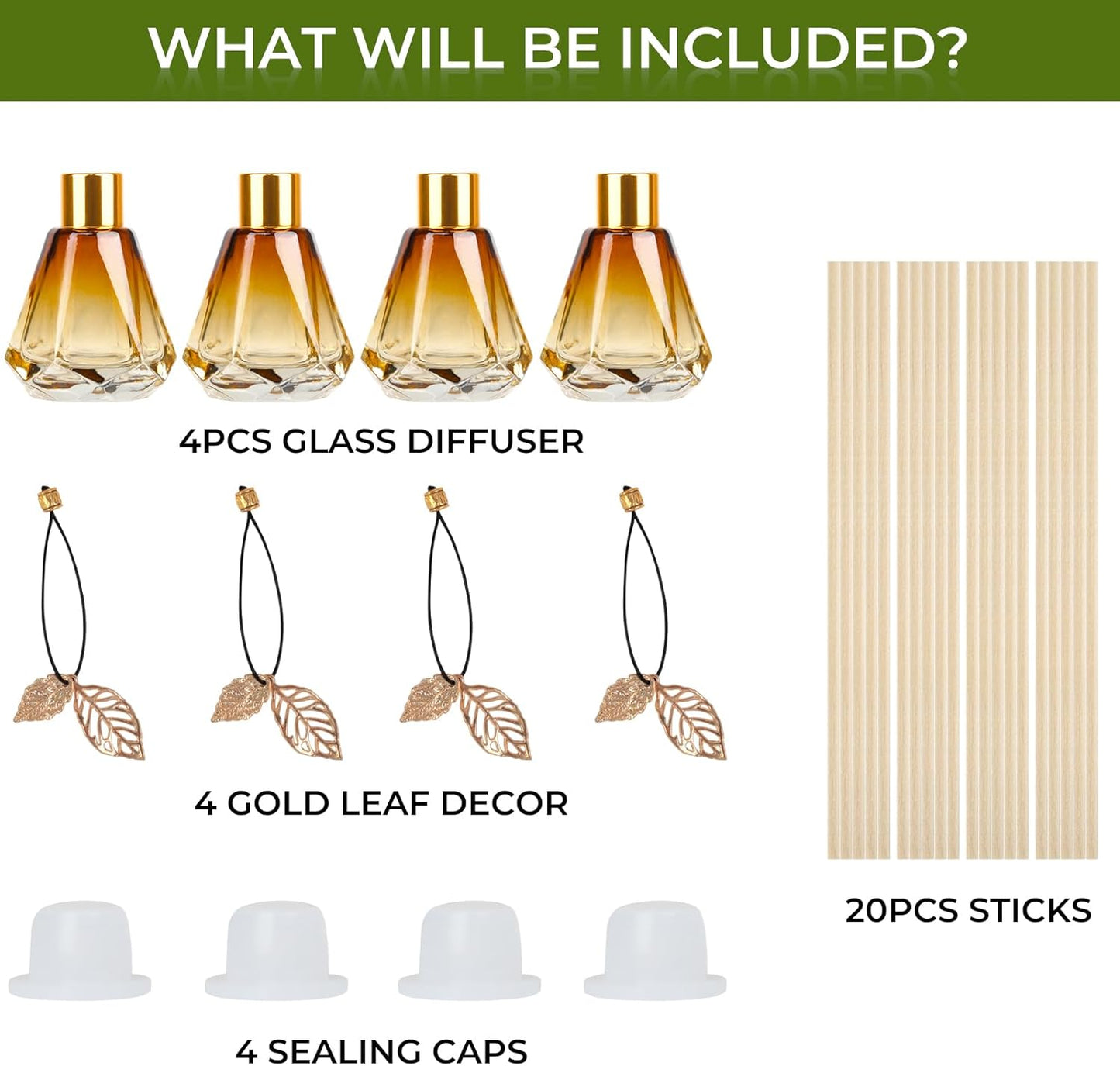 Reed Diffuser Set - 4 Empty Bottles with 20 Sticks, Delicate Gold Leaf Decor, Glass Fragrance Diffuser with Lids for Home, Bathroom | Refillable, Diamond Style (4 PCS Black)
