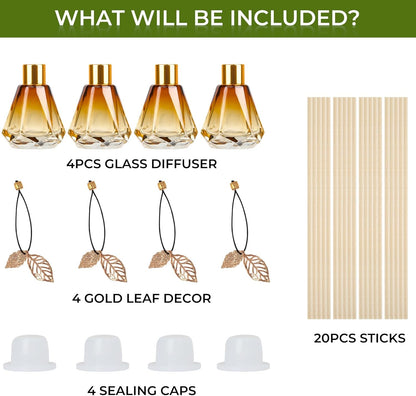 Reed Diffuser Set - 4 Empty Bottles with 20 Sticks, Delicate Gold Leaf Decor, Glass Fragrance Diffuser with Lids for Home, Bathroom | Refillable, Diamond Style (4 PCS Black)