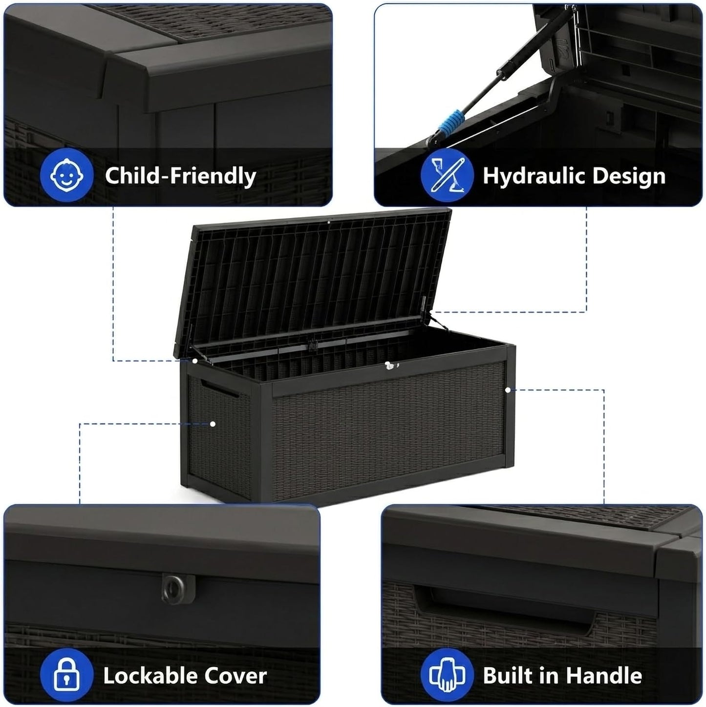 270 Gallon Lockable Resin Outdoor Storage Box, Waterproof & Weather Resistant Deck Box for Patio Cushion, Garden Tools & Pool Accessories, Black