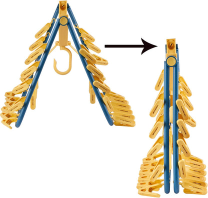 Foshine Foldable Clip Hangers Plastic Blue with 32Pcs Drying Clips | Drip Hanger Foldable Wind-Proof Hook For Underwear Socks Bras Lingerie Clothes