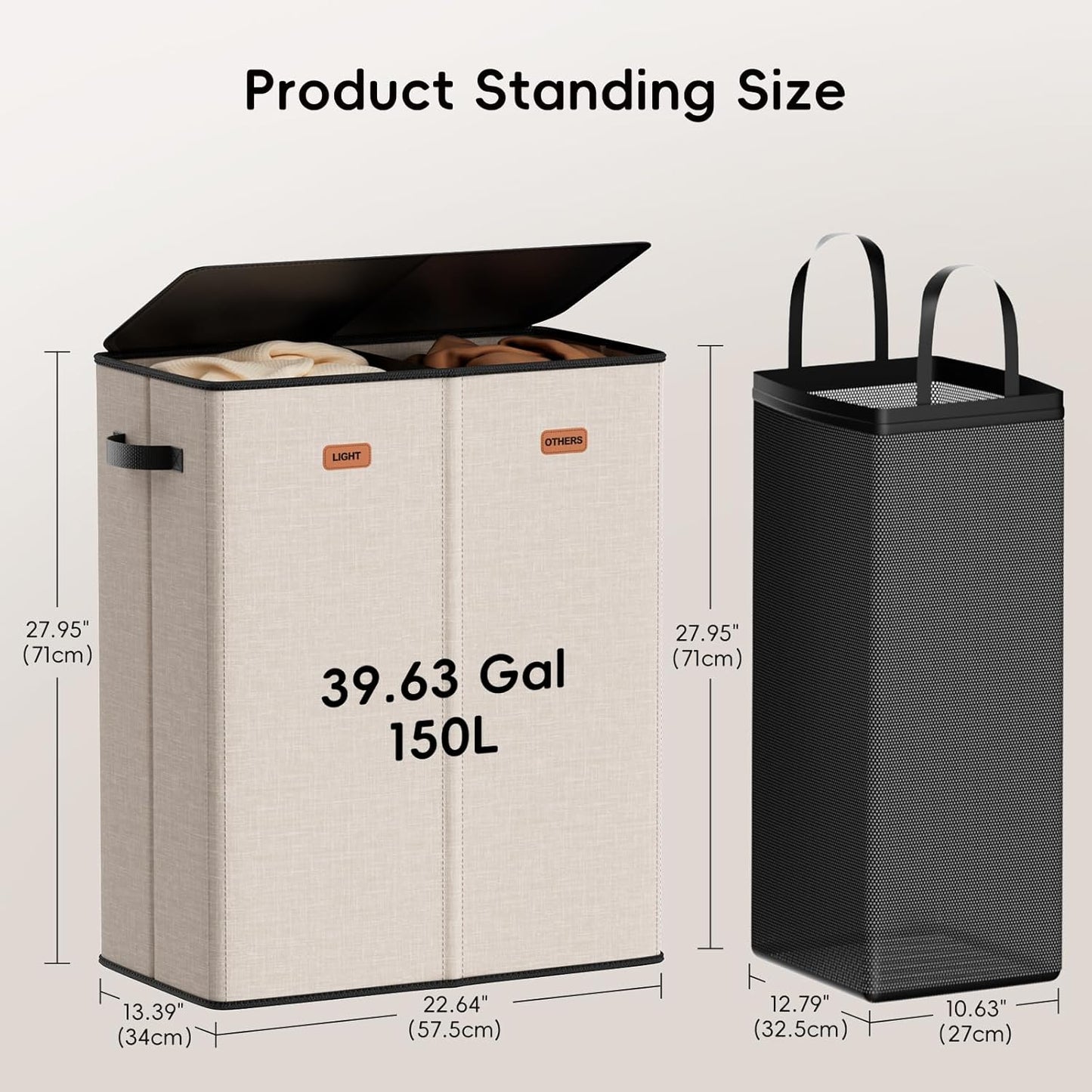 185L Laundry Hamper 3 Section, Laundry Hamper with Lid, Dirty Clothes Hamper with 3 Removable Washing Bags, Extra Large Laundry Basket Organizer for Bedroom, Laundry Room, Dorm - Black