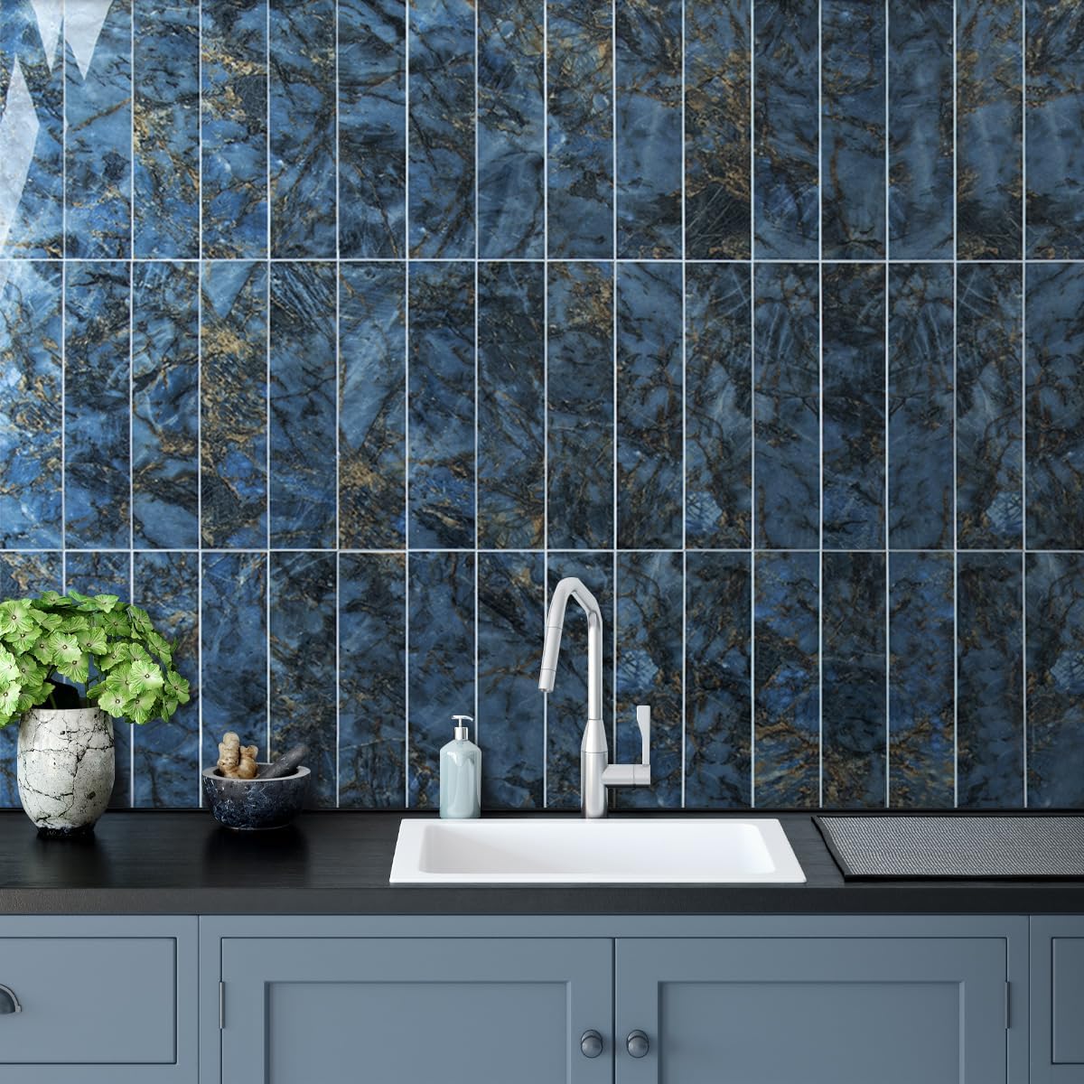 AULIGET 40-Piece Polished White Marble with Gold Peel and Stick Backsplash Wall Tiles, 3" x 12" PVC Faux Stone Stick on Tiles for Backsplash Kitchen, Bathroom, Laundry Room, Camper, Fireplace