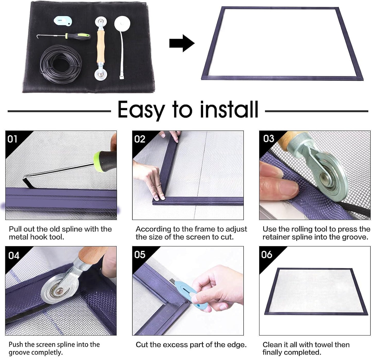 Windows Screen and Screen Door Repair Kit, 48"x118" Charcoal Fiberglass Mesh with Rolling Tool/Hook/Ruler/Cutter/Spline - Window Screen & Sliding Screen Door Replacement for Windows, TOOLTRIZ