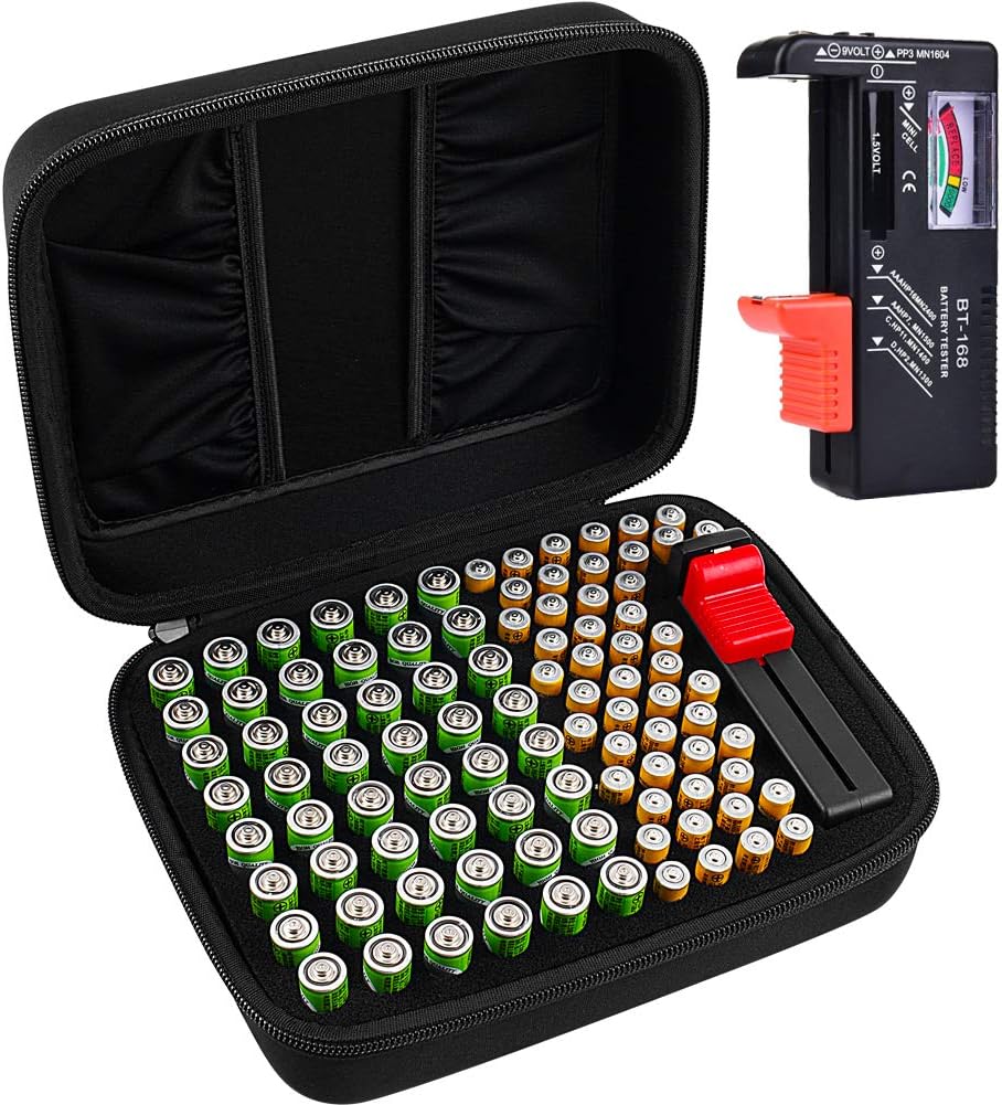 Comecase Battery Storage Case with Tester, Holds 148+ AA AAA C D 9V, Black | Hard-Shell Design, Carry Handle and Custom Foam Slots Keep Batteries Visible, Separated and Ready for Home, Garage or Office