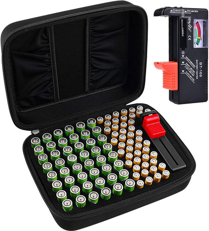 Comecase Battery Storage Case with Tester, Holds 148+ AA AAA C D 9V, Black | Hard-Shell Design, Carry Handle and Custom Foam Slots Keep Batteries Visible, Separated and Ready for Home, Garage or Office