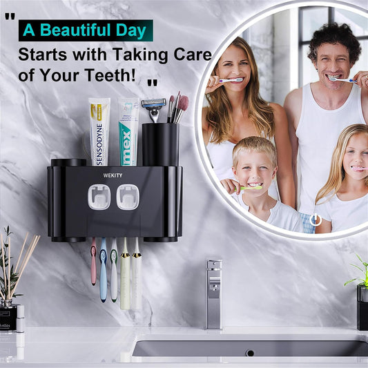 Toothbrush Holder Wall Mounted, WEKITY Multi-Functional Toothbrush and Toothpaste Dispenser for Bathroom, with 5 Toothbrush Slots, 2 Toothpaste Squeezers and 4 Cups(Grey)