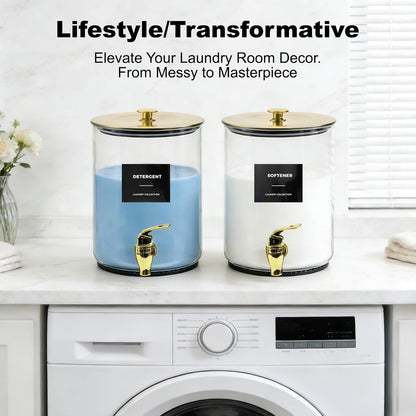Glass Laundry Detergent Dispenser for Laundry Room Organization(2, Gold) | 1 Gallon Large Liquid Soap Dispenser with Black Metal Lid & Leak-Proof Spigot, 2 Measured Cups, 2 Silicone Mats & 9 Labels