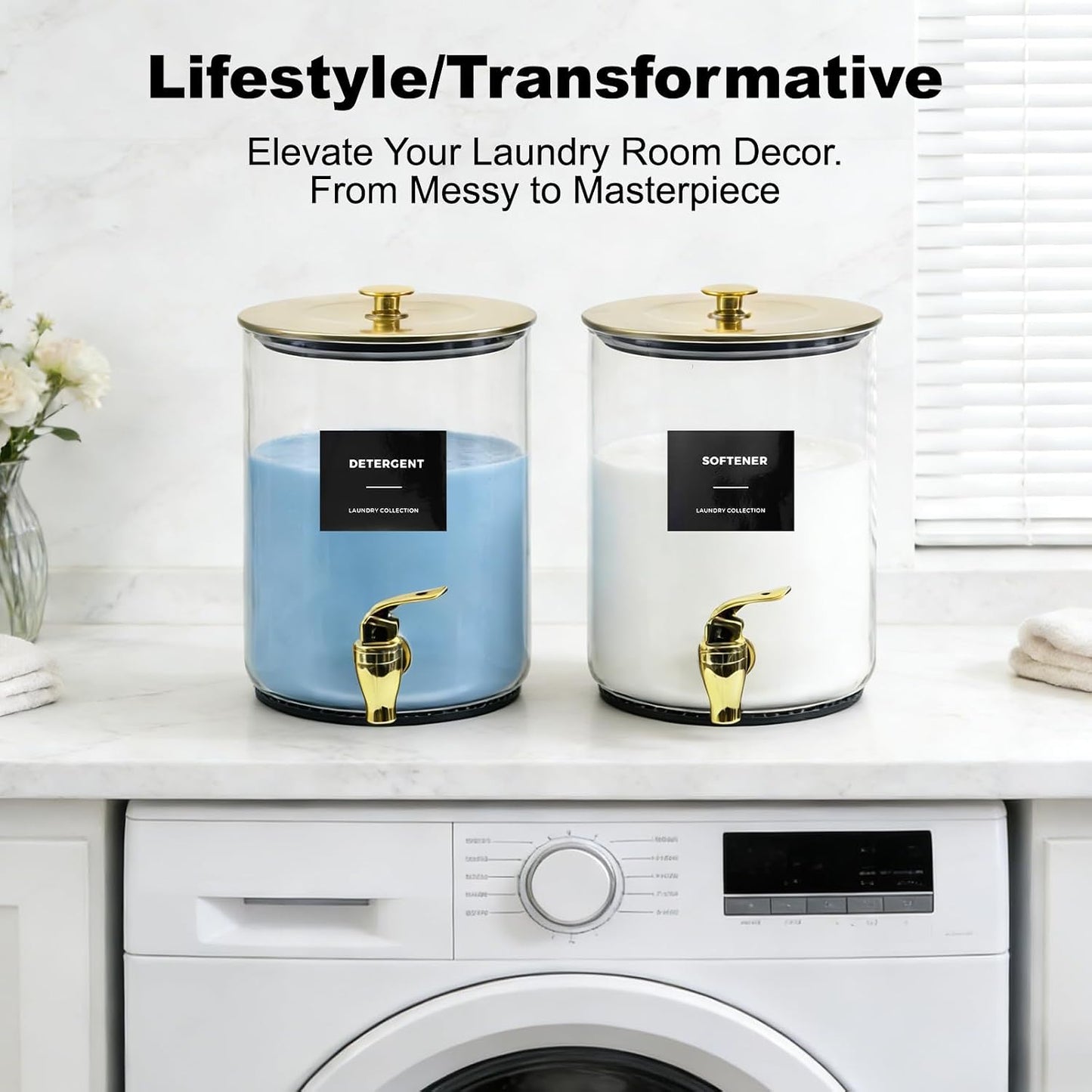 Glass Laundry Detergent Dispenser for Laundry Room Organization-Black | 1 Gallon Large Liquid Soap Dispenser with Black Metal Lid & Leak-Proof Spigot, 1 Measured Cups, 1 Silicone Mats & 9 Labels