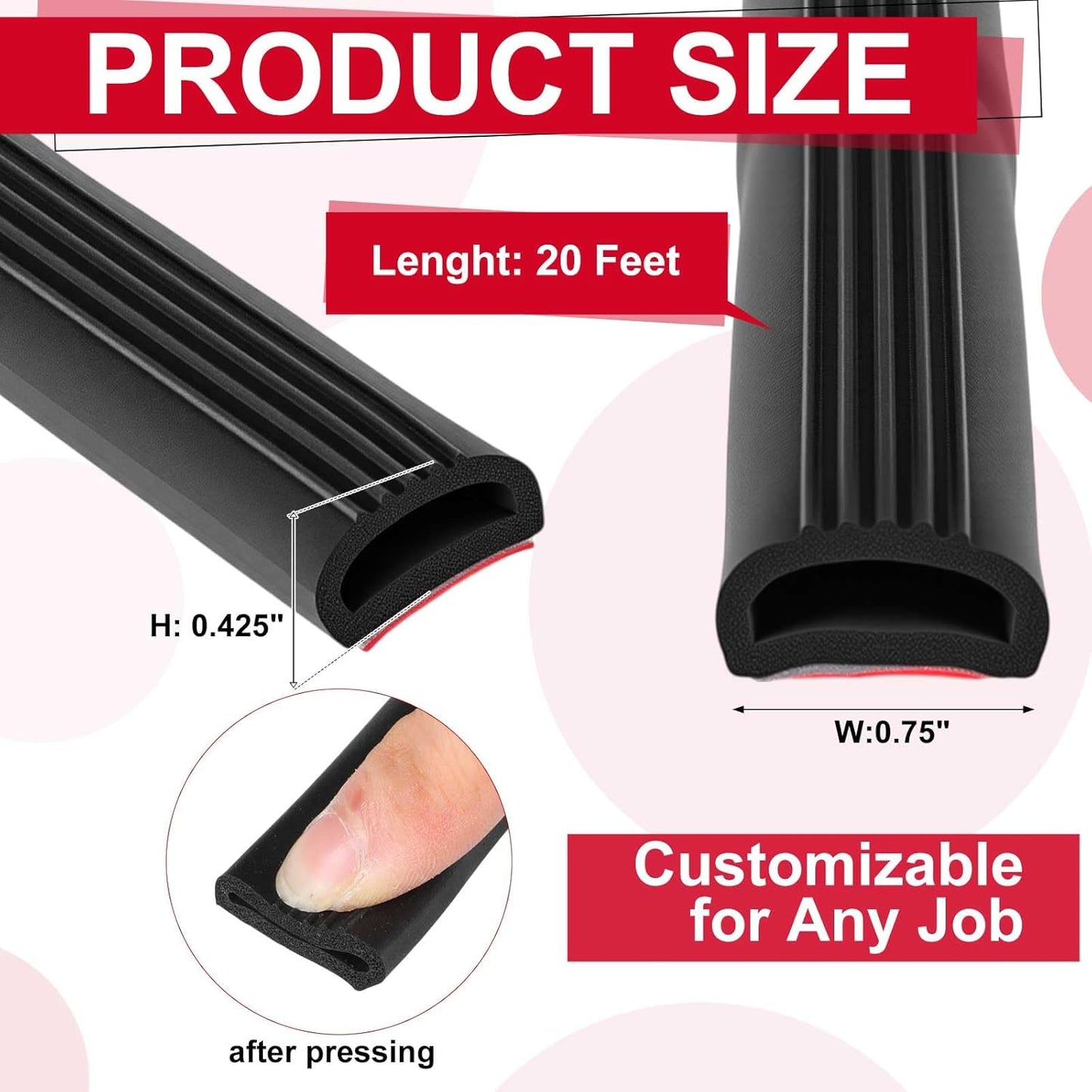 Pangda 13Ft D Shape Rubber Weather Stripping Foam Self-Adhesive EPDM Seal Strip for Noise Reduction Waterproof Dustproof for Cars Boats RVs Windows Doors (3/4" W x 3/4" H)