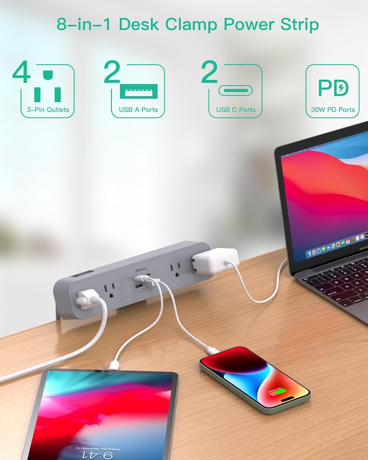 Mifaso PD30W Desk Clamp Power Strip, Surge Protector, Fast Charging Station | 4 Outlets, 4 USB (2 USB C), 5FT Extension Cord, Desk Organizer Gaming Accessories Office Essentials, Fits 1.96" Tabletop Edge