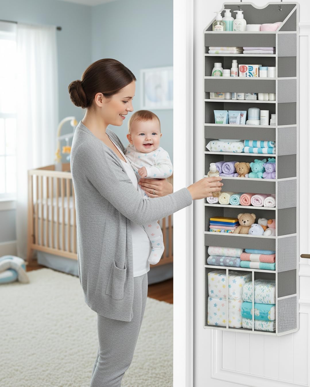 Over the Door Hanging Organizer - Closet Door Organizer and Storage with Large Pockets, Swing-Proof Behind The Door Organizer for Bathroom Nursery (Grey, 1 Pack -Extra Large 6 Tier)