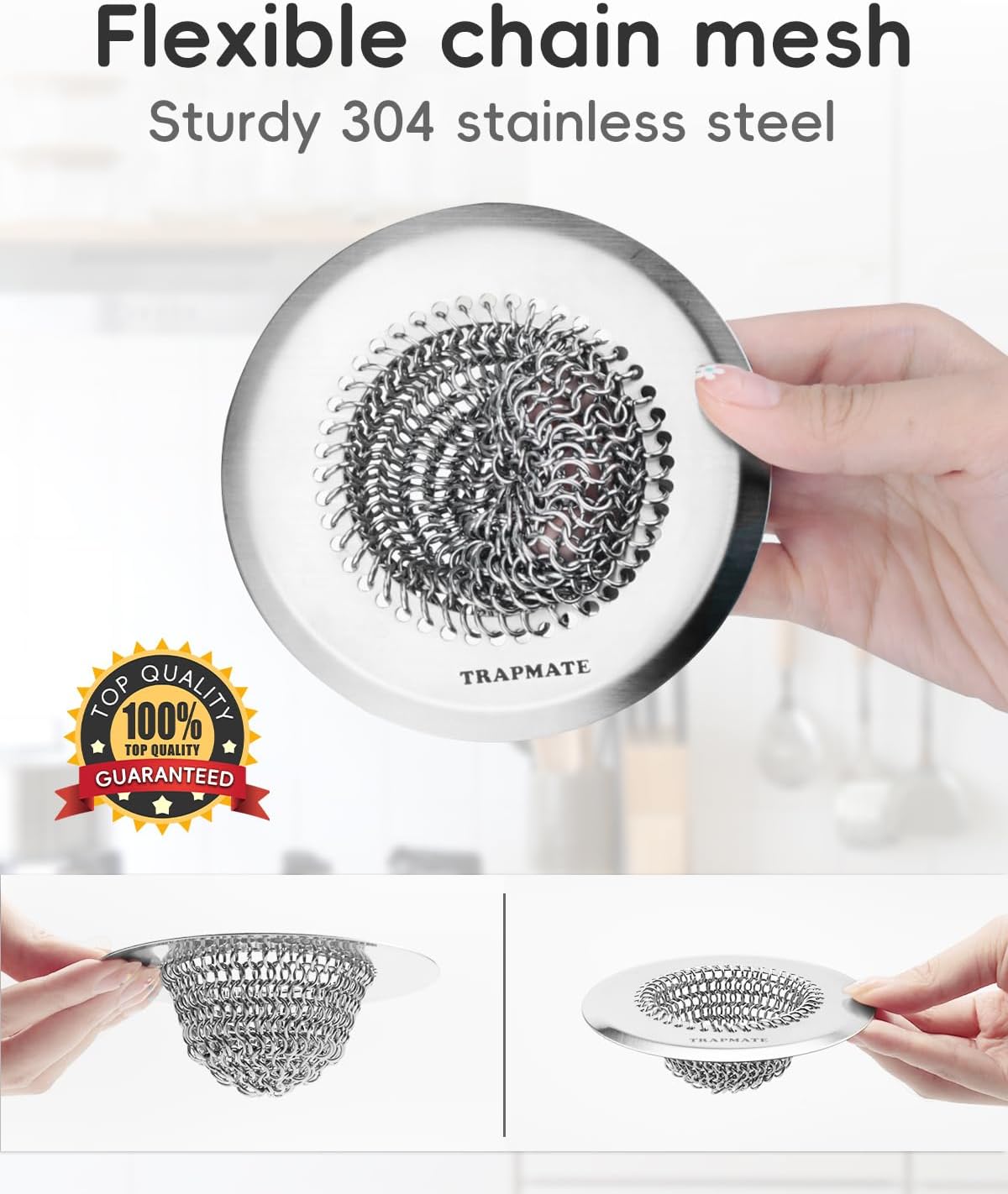 Reversible Kitchen Sink Drain Strainer Basket for Sink & Garbage Disposal | Easy Clean, Anti-Clogging, Fast Drainage, Anti-Slip, Anti-Rust, 304 Stainless Steel, Large Capacity, 4.4",Patented Chain Mesh