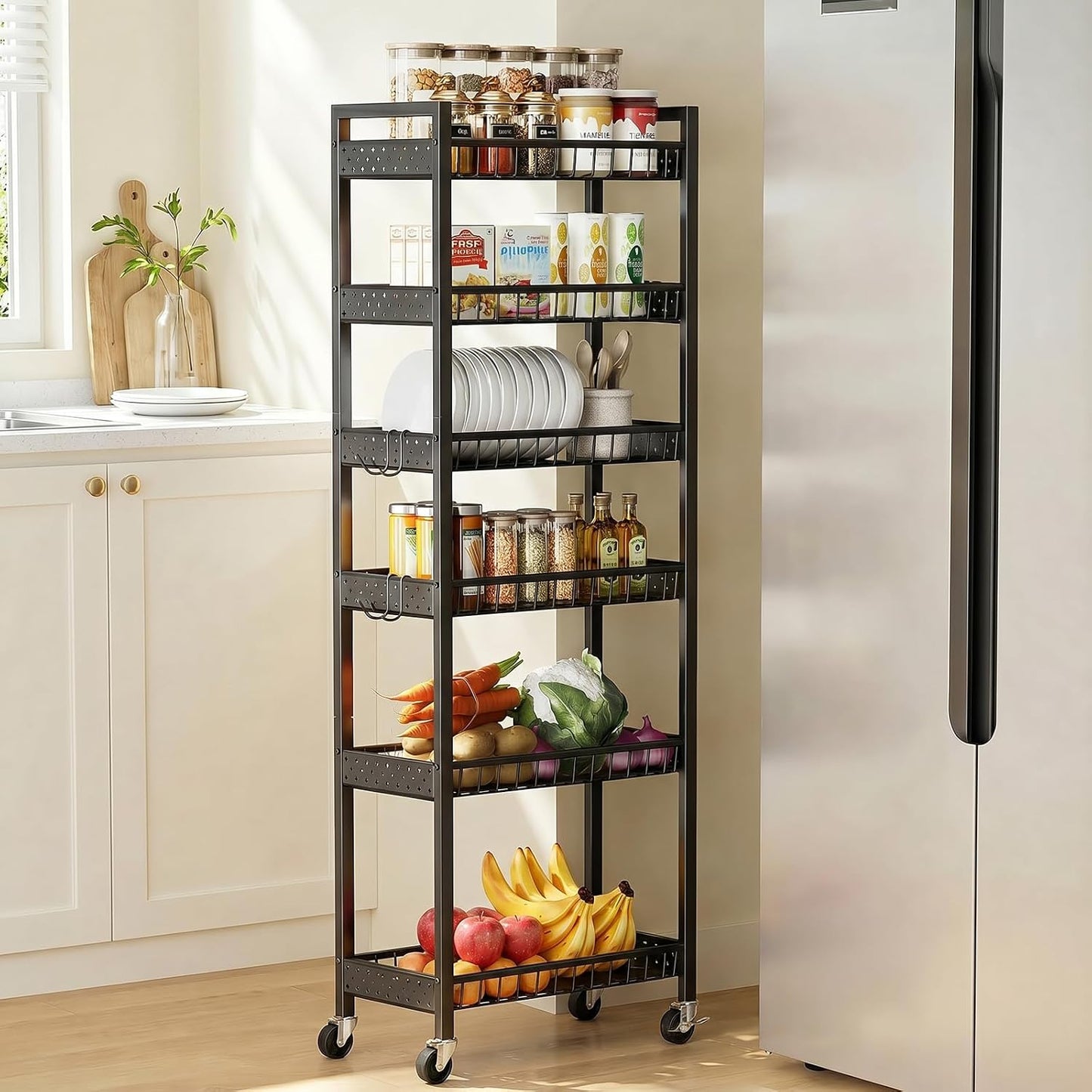 Slim Storage Rolling Cart, 4 Tier Narrow Cart with Wheels, Metal Kitchen Rolling Cart for Small Spaces, Slide Out Storage Shelves for Kitchen, Laundry Room, Bathroom, Living Room, 7.1in(W)
