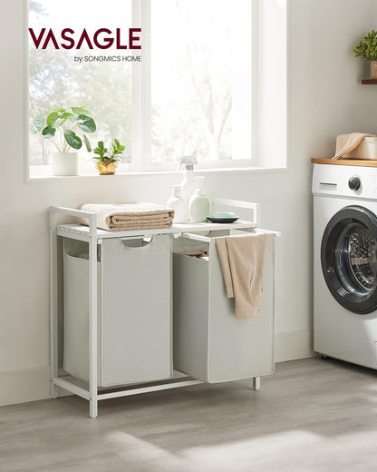 VASAGLE Laundry Hamper, Laundry Basket Sorter with 3 Pull-Out and Removable Bags, Shelf, Metal Frame, 3 x 10.6 Gallons (40 L), 36.4 x 13 x 28.4 Inches, Cappuccino Beige and Natural Beige UBLH301LH01