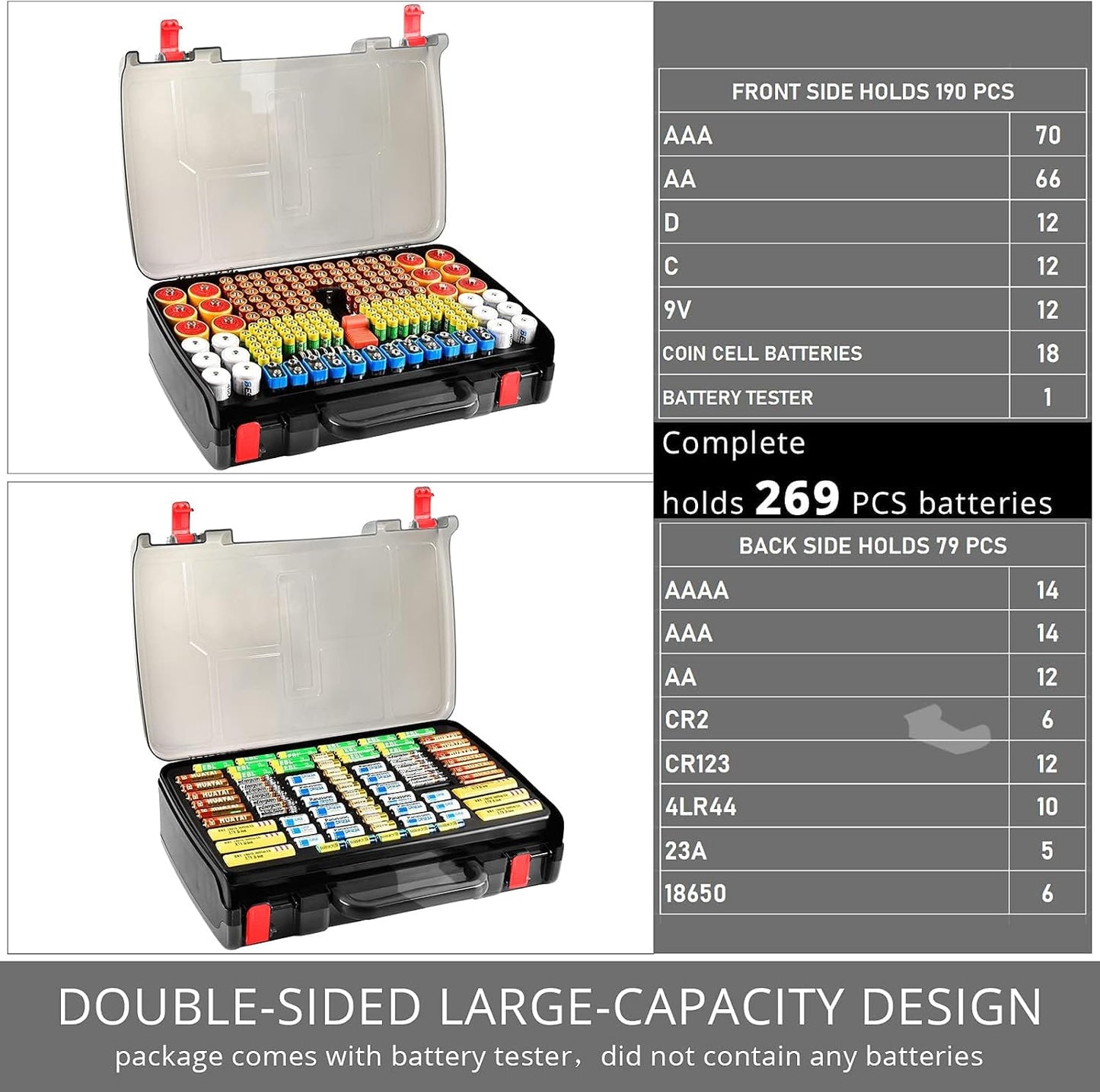 Battery Organizer Storage Case with Tester for 269 Batteries, Double Sides | Plastic, For AA AAA 4A C D Cell 9V 3V LR44 CR2 CR123 CR1632 18650 Button, Wall/Drawer, For Families/DIY/Home/Garage, Grey