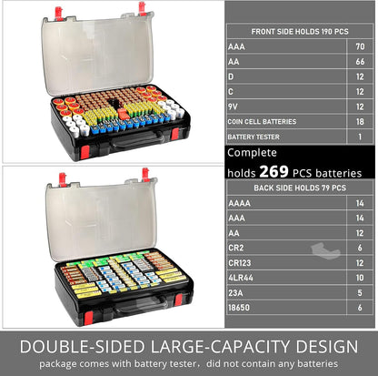 Battery Organizer Storage Case with Tester for 269 Batteries, Double Sides | Plastic, For AA AAA 4A C D Cell 9V 3V LR44 CR2 CR123 CR1632 18650 Button, Wall/Drawer, For Families/DIY/Home/Garage, Grey