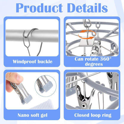 2 Pack Clothes Drying Rack with 24 Clips, Stainless Steel Clothes Drying Hanger, Swivel Windproof Round Dry Rack, Heavy Duty Underwear Hanger for Indoor Outdoor Wet and Dry (Grey)