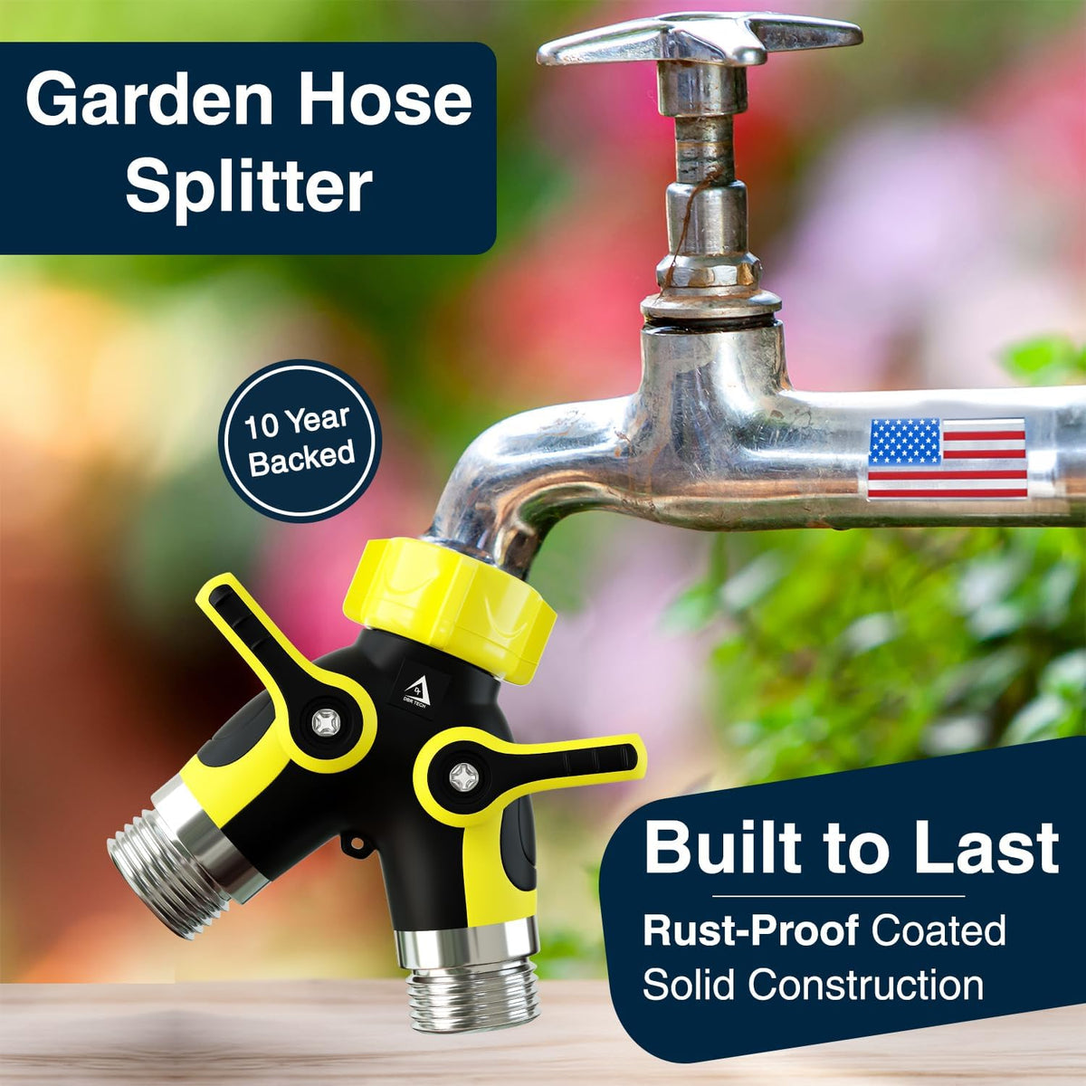 DBR Tech® Hose Splitter 2 Way, Heavy Duty Metal Connector, Two Way Garden Hose Splitter, High Flow Spigot Faucet Bib Adapter, Solid Double Y Shut Off Valve for Outdoor Gardening Hoses, Orange