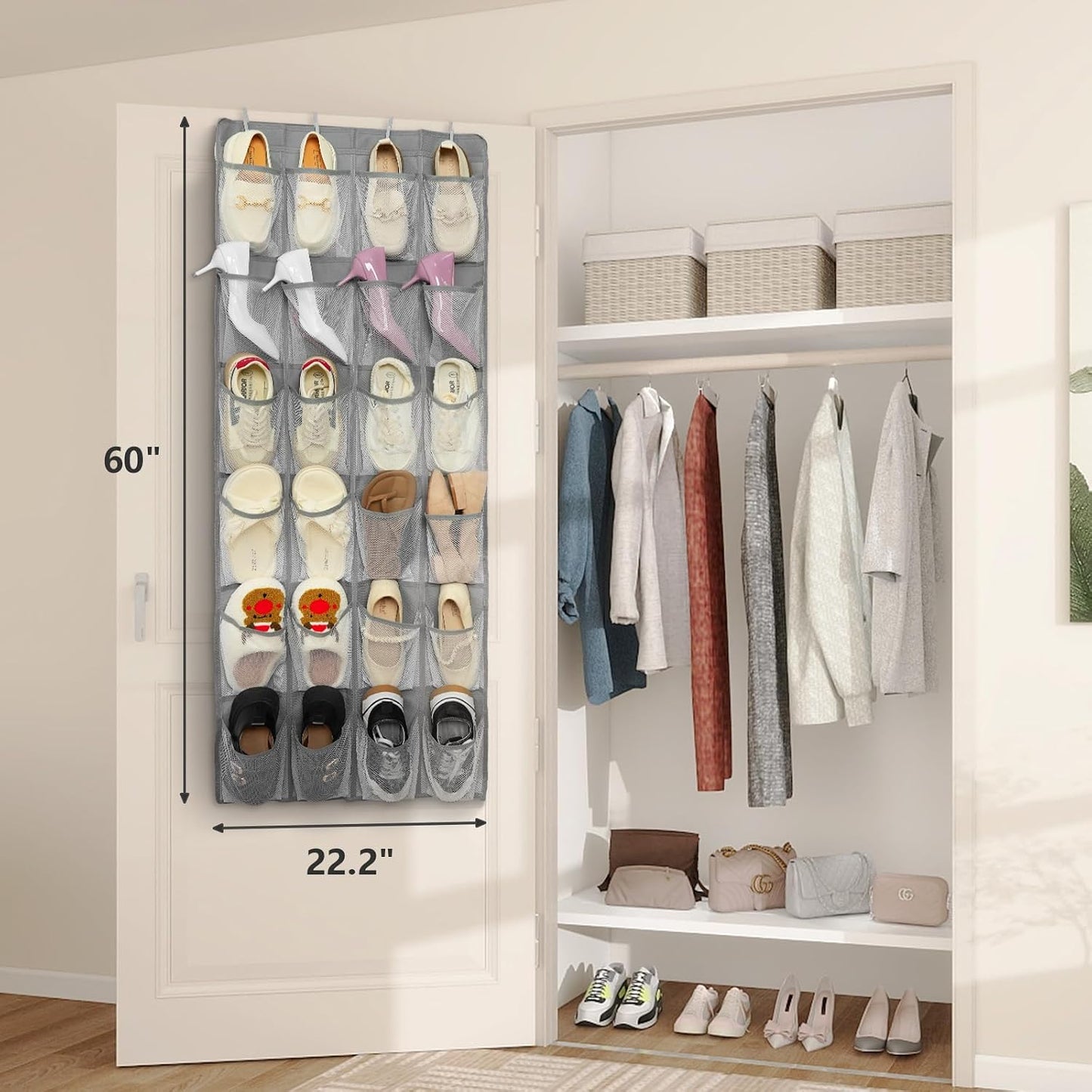 FENTEC 40 Large Pockets Over The Door Shoe Organizer, Mesh Hanging Shoe Organizer Shoe Rack for Closet Mesh Closet Shoe Holder, Over Door Organizer, Shoe Organizer for Wall, Grey, 1 Pack