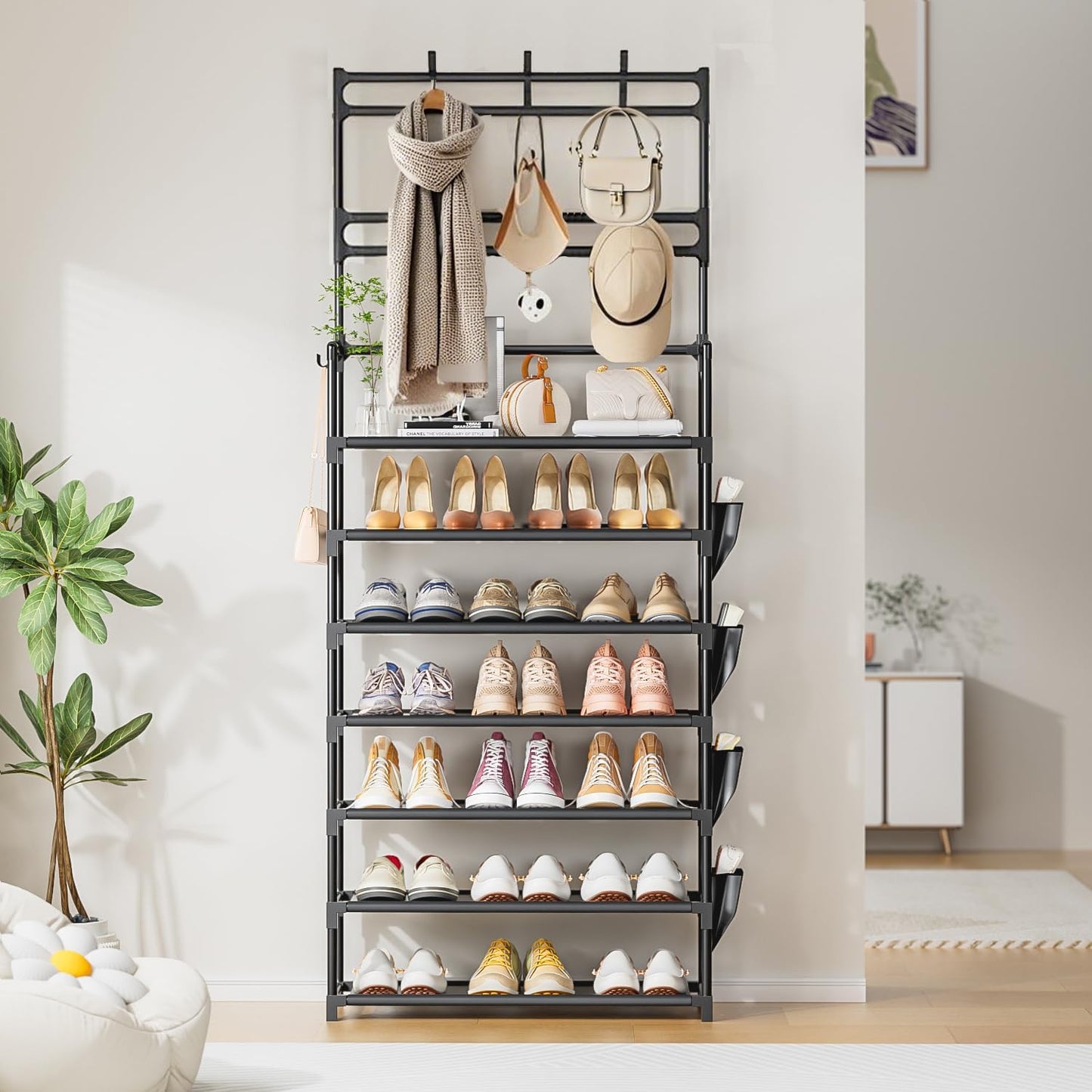 OYREL Shoe Rack 5 Tier Shoe Organizer Storage 15-20 Pairs Shoes Rack for Closet Entrance Shoe Rack Organizer with Hooks and Side Pocket Entryway Shoe Holder Space Saving Free Standing Shoe Racks
